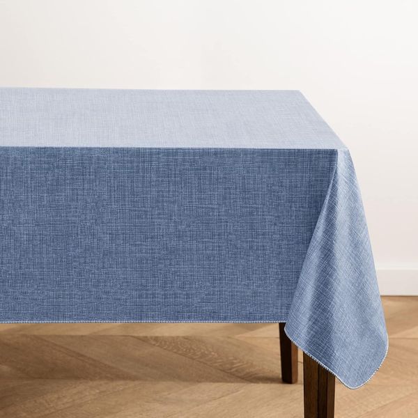 Elrene Home Fashions Monterey Leinen-inspirierte, Wasser- und schmutzabweisende Vinyl-Tischdecke mit Flanellrückseite, 152,4x213,4 cm, rechteckig, Blau