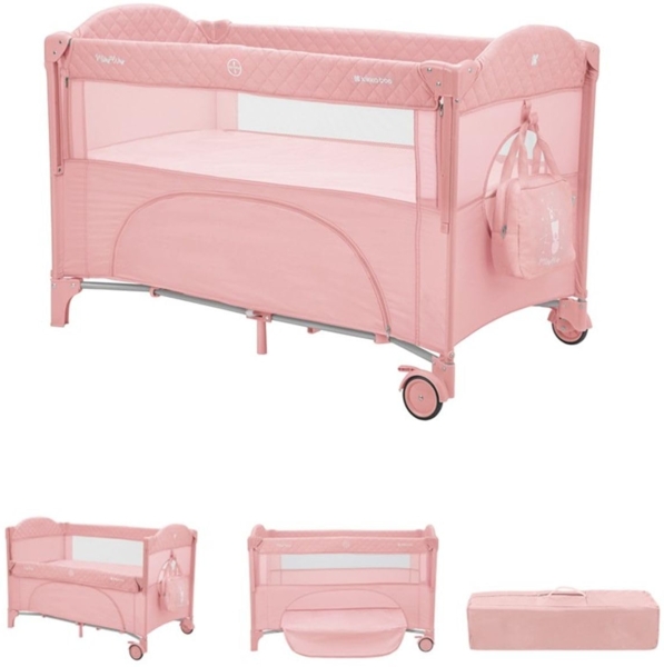 Kikkaboo Reisebett Milky Way, 2 Ebenen, seitliche Öffnung, 2 Räder, Netzfenster rosa pink