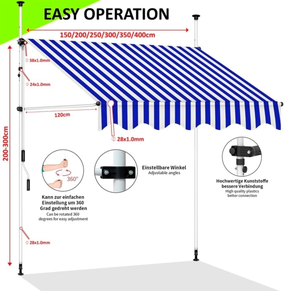 Melko Klemmmarkise Klemmmarkise mit LED Sonnenschutz Markise Balkon Fenstermarkise (Stück, 1-St, Markise) Gummierter Standfuß für besseren Halt Bild 8