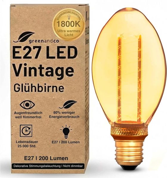 greenandco Vintage Design LED Birne zur Stimmungsbeleuchtung | E27 B75 | gold | 4W 200lm | 1800K extra warmweiß | 320° | 230V | flimmerfrei | nicht dimmbar | Edison Glühbirne