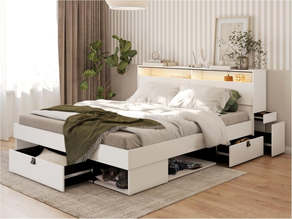 MEBLINI Funktionsbett 180x200 – SMARTEE mit Lattenrost aus Holz – Weiß/Schwarz - Schrankbett mit LED - Bett mit Stauraum - Doppelbett mit Schubladen - Stauraumbett - Bettkästen mit Aufbewahrung