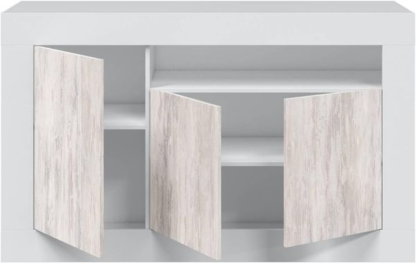 Habitdesign, modernes Sideboard mit 3 Türen – Buffet & Beistellschrank für Wohnzimmer oder Esszimmer in Artik weiß & Weiß Velho, viel Stauraum, Maße: 144 x 87 x 42 cm (B x H x T), Modell Baltik