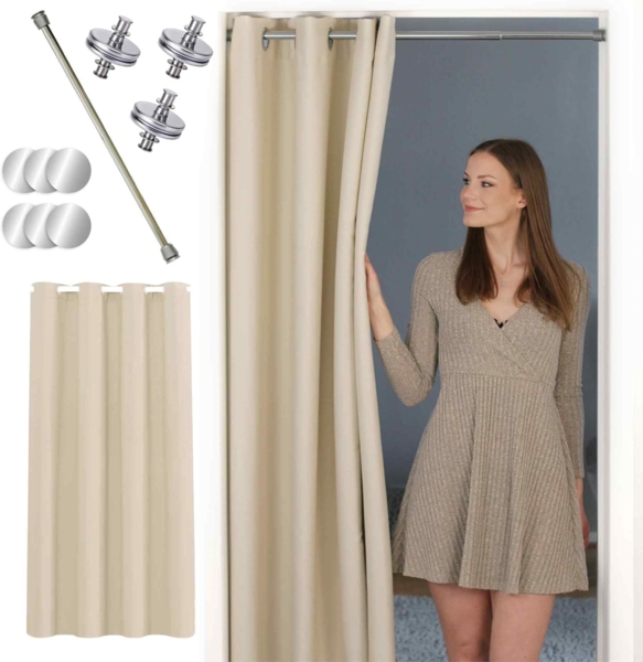 tinycurtains Türvorhang mit Stange silber 70-120 cm Thermo Vorhang ohne Bohren, mit Magneten, Ösen, abdunkelnd, Polyester, beige Driftwood, Türgardine mit Klemmstange Raumteiler verdunkelnd