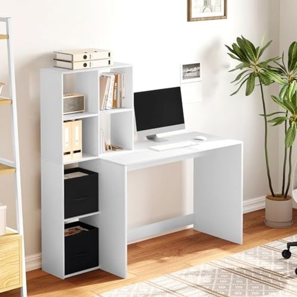 Woltu Schreibtisch, mit Regal 2 Vliesstoffboxen, für Büro Home Office Arbeitszimmer