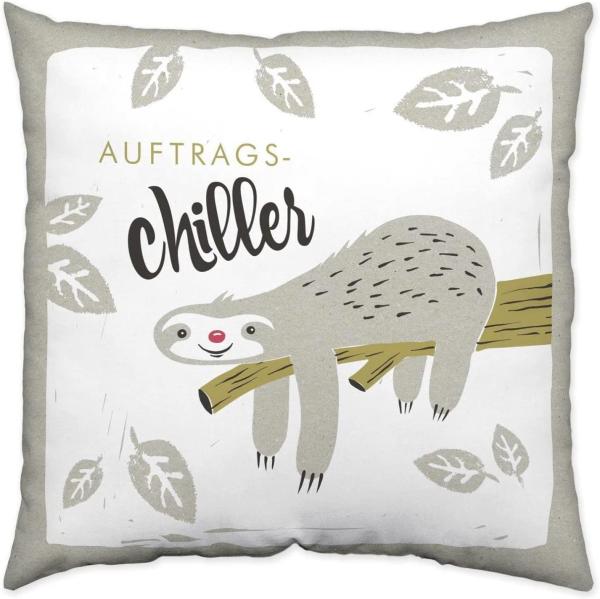 Happy Life 45174 Baumwoll-Kissen mit Spruch Auftrags-Chiller, Tier-Motiv, Faultier, Mehrfarbig, 40 cm x 40 cm Zierkissen, Hülle, Füllung 100% Polyester, Grau, 40 x 40 x 3 cm