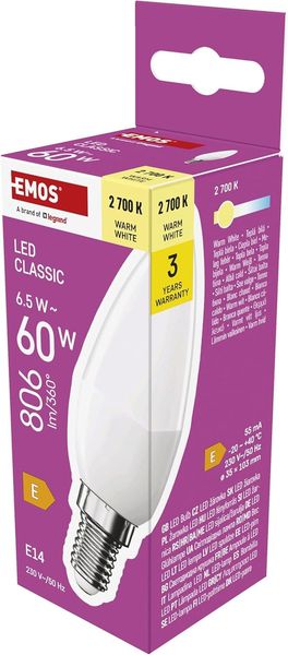 EMOS LED Lampe Candle, 6,5W Ersatz für 60W Glühbirne, Kerzenlampe mit E14 Sockel, Helligkeit 806 lm, Warmweiß 2700 K, 30000 h Lebensdauer, CRI min. 80, 240° Abstrahlwinkel