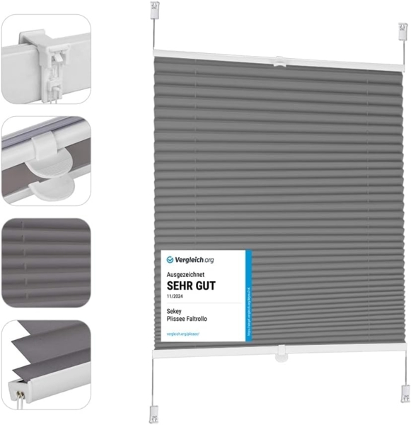 Sekey Plissee ohne Bohren Verdunkelung, Fenster Plissee Klemmfix Jalousie 95 cm breit, Verspannt Blickdicht Sonnenschutz Fensterollo, 95x150 cm, Dunkelgrau