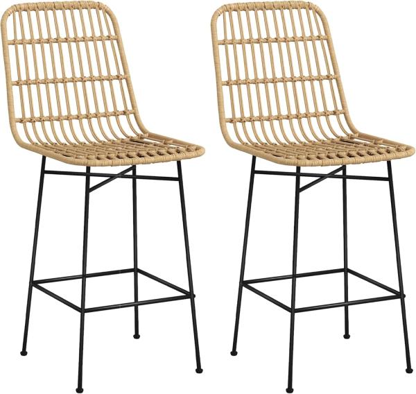 HOMCOM Barhocker 2er-Set, Tresenhocker mit Rückenlehne aus PE-Rattan, Thekenstühle (Barstuhl, 2 St, Küchenhocker), für Wohnzimmer, Küche, Gelb