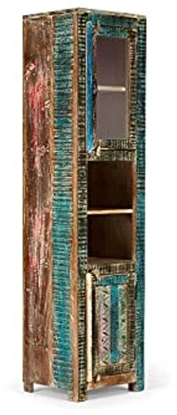 Massiver Bad Hochschrank Blue Lagoon aus Mangoholz - 45x188, Einzigartige Reliefstruktur, Bunt