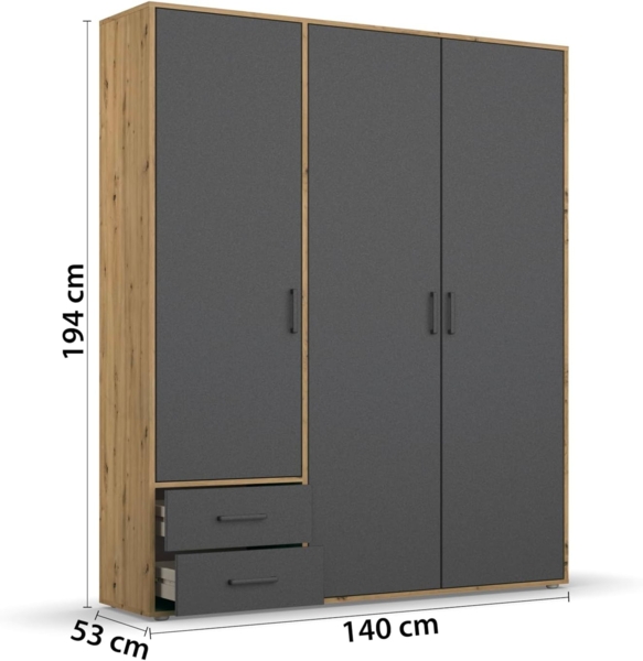 rauch Drehtürenschrank Kleiderschrank Schrank Garderobe Wäscheschrank VOYAGER (in 3 verschiedenen Ausstattungen BASIC/CLASSIC/PREMIUM) moderne Griffe in Graumetallic mit Außenschubkästen MADE IN GERMANY Bild 3
