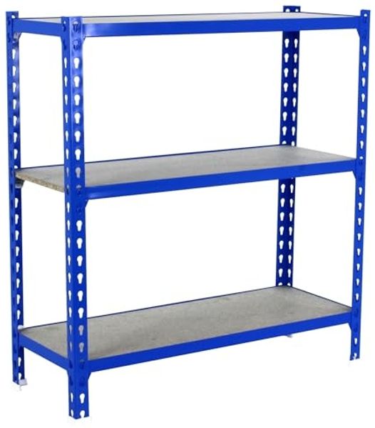 Simon Rack Schwerlastregal, 1000 x 800 x 300 mm, Bis 150 kg Belastbar, 3 Verstellbare Ablagen, MDF-Platten, Kellerregal, Lagerregal, Blau/Holz - Simonclick