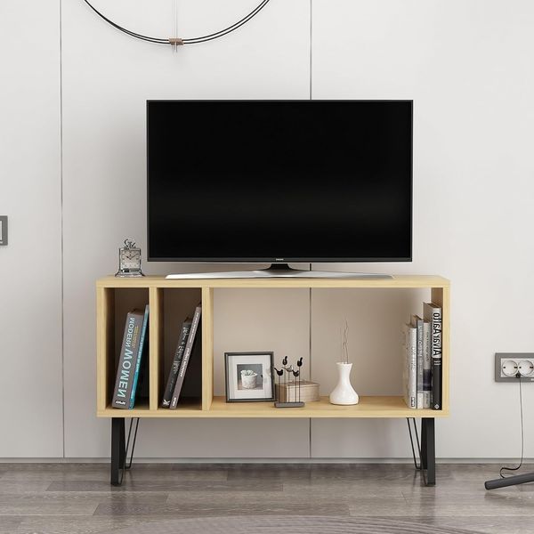 Hanah Home Stylish Wall-Mounted TV Stand, Oak & White, 90 x 25 x 53 cm | 100% Melamine Coated Particle Board, 18 mm Thick | Multiple Shelves for Modern Living Rooms