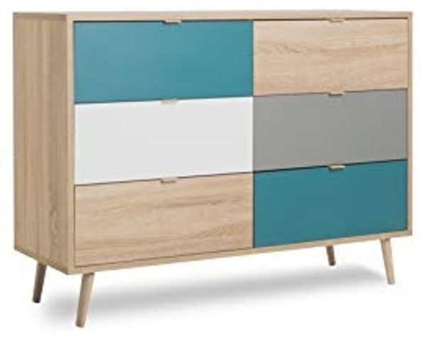 Finori Cuba 3 Kommode, Dekor Sonoma Eiche / Tricolor | Kommode für Wohnzimmer | Maß: B x H x T ca. 120 x 87 x 40 cm | Kommode mit 6 Schubkästen