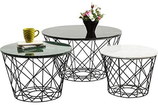 Kare Design East Cost (3/Set), Schwarz/Weiß/Grün, Wohnzimmertisch, Beistelltisch, Stahl Gestell, Marmor Tischplatte, 46 x 80 x 80 cm (H/B/T)
