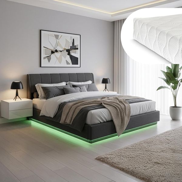 LED Polsterbett Tröstiar mit Matratze 180x200 cm Schwarz [en. casa]