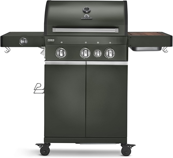 BURNHARD® 3-Brenner Gasgrill FRED GREEN inkl. Backburner, 900°C Infrarot-Keramikbrenner, Seitenkochfeld, Edelstahl-Grillrost, Grillabdeckung, Grillwagen + klappbare Seitentische