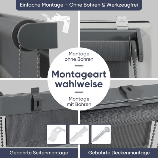 Sekey Doppelrollo Klemmfix ohne Bohren für Fenster, Doppelrollo 85 cm breit, Duo Rollo Jalousie Sonnenschutz, 85x150 cm, Dunkelgrau Bild 6