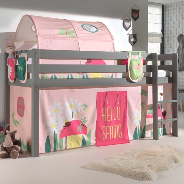 Vipack Spielbett 'Pino' grau mit Textilset Vorhang, Tunnel und 3 Taschen 'Spring'