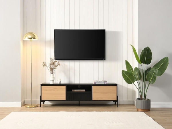 Vente-unique - TV-Möbel mit 2 Türen, 1 Schublade & 1 Ablage - Schwarz & Holzfarben hell - GLARODI Bild 6