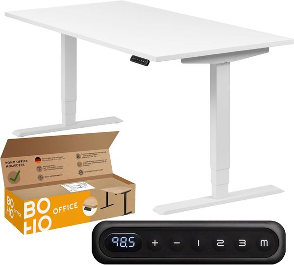 boho office® homedesk - elektrisch stufenlos höhenverstellbares Tischgestell in Weiß mit Memoryfunktion, inkl. Tischplatte in 120x80 cm in Weiß