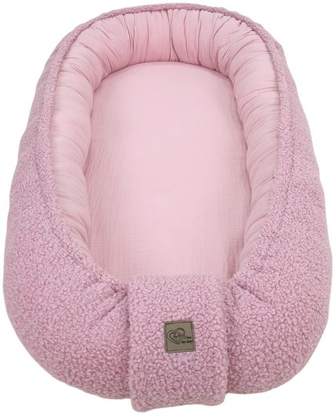 WIKLINOPOL Babynest, Nestchen für Neugeborene – Baby Nestchen 80x46 cm in Rose, Tragbares Nest aus Musselin & kuscheligem Teddy-Plüsch - Baby Nest für Neugeborene mit herausnehmbarer Matratze