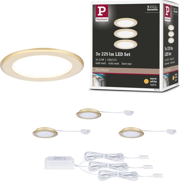 Paulmann LED Möbel-Einbauleuchte gold matt Ø 6,5 cm warmweiß 3er Set