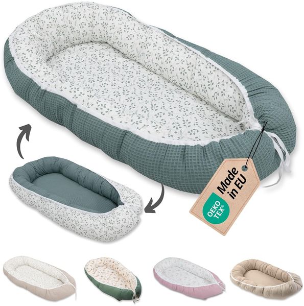 ULLENBOOM ® Bettnestchen Kuschelnest Baby 55x95 cm, kuscheliges Babynest, Made in EU, (1-tlg), Ideal für Neugeborene als Reisebett, Floral Grün