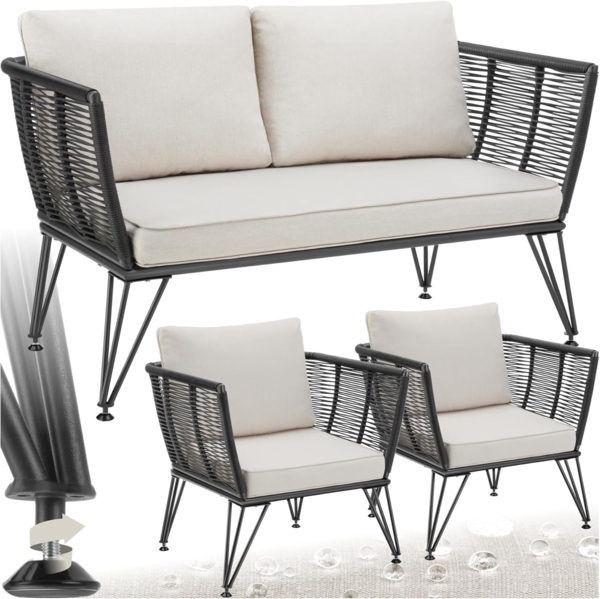 tectake Essgruppe Garten-Loungeset, (Set, 3-tlg), Polyrattan im Rope-Design