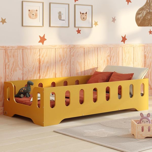 smartwood Kinderbett Bodenbett 140x200 mit Rausfallschutz & Lattenrost - Senfgelb - Kinder Montessori Bett TILA 2B mit glatten Kanten - Betten für schnelle Montage - Bis 300 kg belastbar