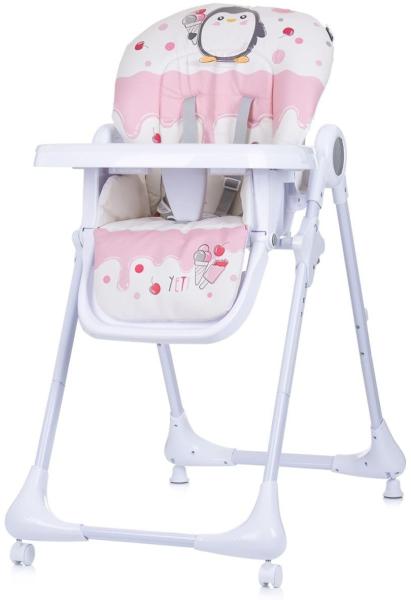 Chipolino Kinderhochstuhl Yeti klappbar Räder, höhenverstellbar, Fußstütze, Gurt rosa