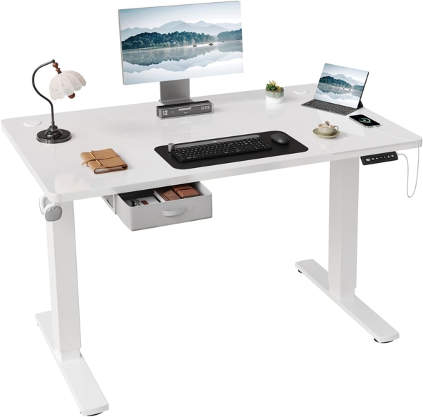 JUMMICO Höhenverstellbarer elektrischer Stehtisch 140x80 cm mit Schublade und Haken – Höhenverstellbarer Sitz-Steh-Tisch mit stabilem Stahlrahmen, breiter Stehtisch für das Homeoffice, weiß