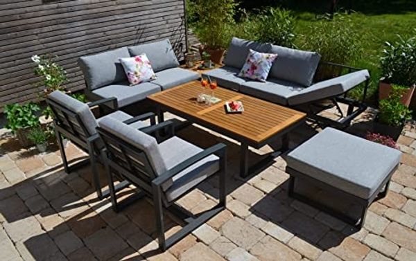 Ecklounge Santorini ACACIA Wood XL + 160x80cm Tisch höhenverstellbar + 2 Lounge Sessel + 1 Hocker