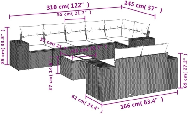 vidaXL 9-tlg. Garten-Sofagarnitur mit Kissen Schwarz Poly Rattan 3255162 Bild 3