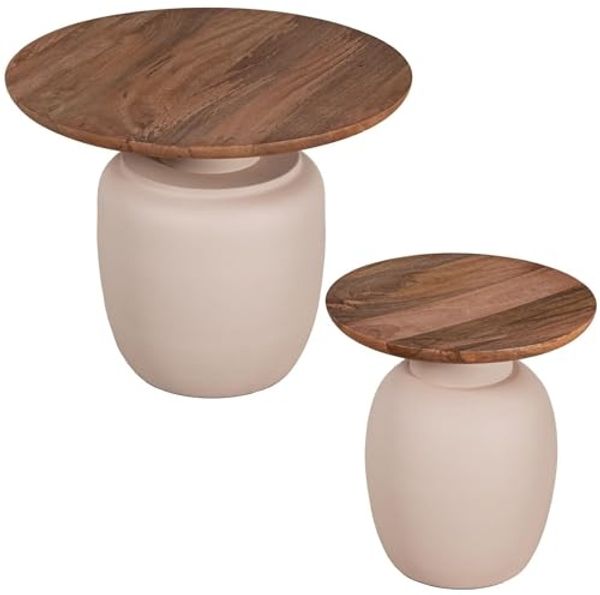 DRW Set mit 2 Beistelltischen aus Holz und Metallsockel in Natur und Beige, 60 x 60 x 47 cm