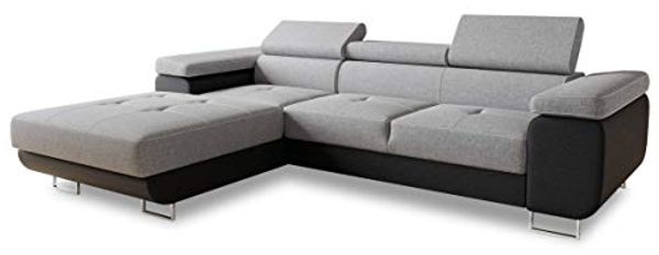 Ecksofa Divo mit Schlaffunktion, Bettkasten und einstellbare Kopfstützen (Schwarz + Grau (Soft 011 + Sawana 21), Ecksofa Links)