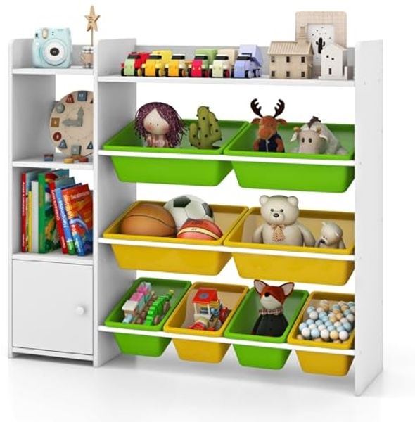 FANTASK Spielzeug-Organizer Bücherregal mit 8 Aufbewahrungsboxen, 2 offenen Regalen & Schrank, 4-stöckiges, 120 kg belastbar, Weiß