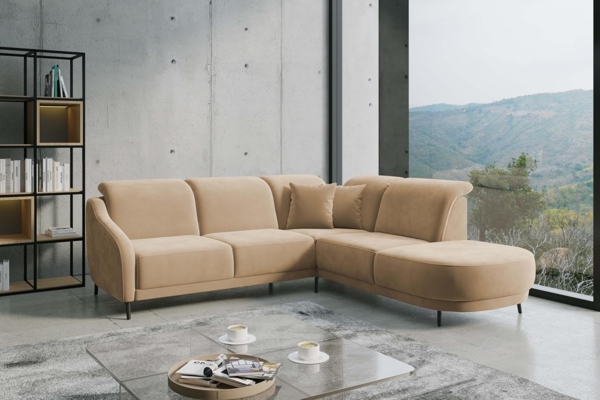 CAVADORE Ecksofa Blue/Eckcouch im modernen Design, Inkl. Kopfteilverstellung, Vorziehsitz motorisch, Klapptisch, USB-Anschluss und mattschwarzen Metallfüßen / 258 x 93 x 249 / Mikrofaser, Hellbraun Bild 2