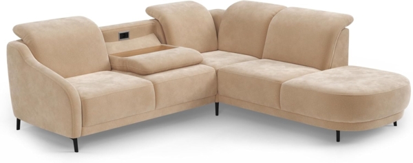 CAVADORE Ecksofa Blue/Eckcouch im modernen Design, Inkl. Kopfteilverstellung, Vorziehsitz motorisch, Klapptisch, USB-Anschluss und mattschwarzen Metallfüßen / 258 x 93 x 249 / Mikrofaser, Hellbraun Bild 4