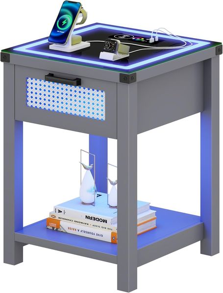 Lvifur Led Nachttisch mit Ladefunktion,Smart Nachtschrank mit RGB 20 Licht Dimmbar, Hochglanz Sideboard mit Schubladen USB Type-C Automatischer Sensor Schlafzimmer Grau