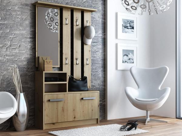 ADGO Flur Flurmöbel-Set, Kleiderschränke, Spiegel und Kleiderbügel und Schuhschrank, 6 Kleiderbügel für Kleidung und Mäntel, Flurgarderoben, Kompaktgarderobe für Ihren Eingangsbereich (Artisan Eiche) Bild 3