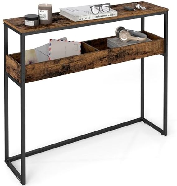 VASAGLE Konsolentisch, Beistelltisch, schmaler Flurtisch, 2 Ebenen mit halboffenen Fächern, 24 x 100 x 80 cm, für Flur, Wohnzimmer, vintagebraun-tintenschwarz