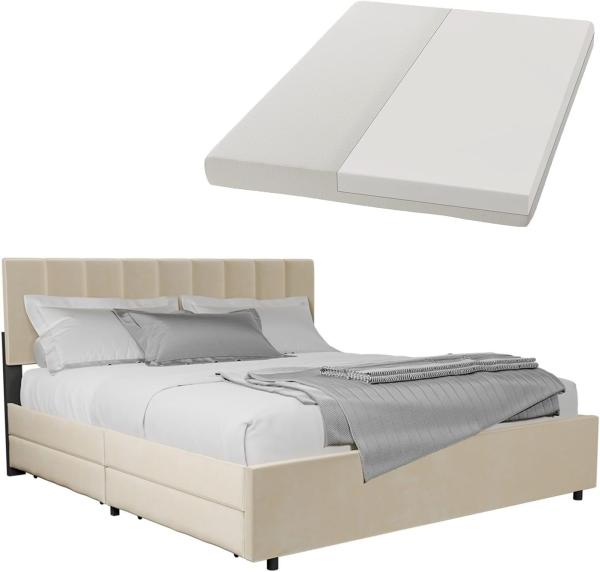 Juskys Samt Polsterbett Soria 180x200 cm mit Matratze, Lattenrost & Schubladen - modernes Bett - Kopfteil höhenverstellbar - Doppelbett Beige