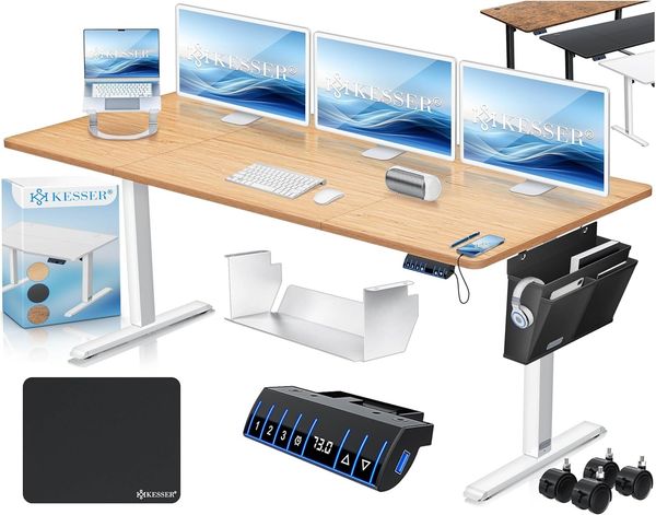 KESSER® Höhenverstellbarer Schreibtisch elektrisch | Ergonomisch Steh-Sitz Schreibtisch | 3-Funktions-Memory Steuerung | Inkl. 360° Rollen & USB-Ladeanschluss | Computertisch für Homeoffice Beige, 180 x 80 cm