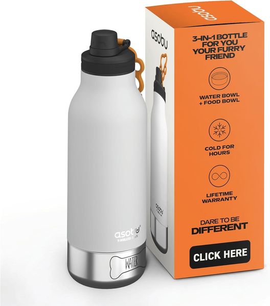 ASOBU Trinkflasche Dog Bowl Buddy Edelstahlflasche mit 2 Näpfen Weiß, 1 Liter
