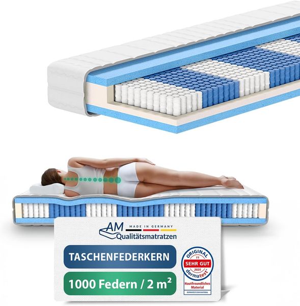 AM Qualitätsmatratzen 1000 Federn 7-Zonen Taschenfederkernmatratze 80x220 cm - 24 cm Premiumhöhe - 1.000 Federn Matratze 80x220 cm - H3