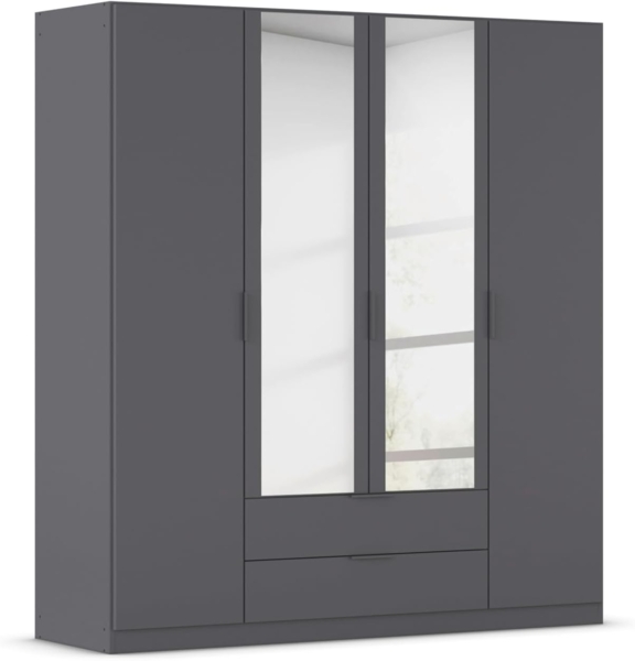 Rauch Möbel Lagoa, Kleiderschrank, Garderobe für Schlafzimmer, Kinderzimmer, Jugendzimmer 4-türig mit Spiegel, 2 Schubladen, mit Zubehör Premium, Farbe Grau metallic, Schwarz, Breite 181 cm