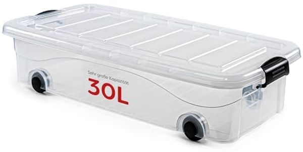 KONZEPT Aufbewahrungsbox Unterbett Plastikbox mit Rollen und Deckel, Platz sparen & Ordnung schaffen,Volumen: 30 Liter