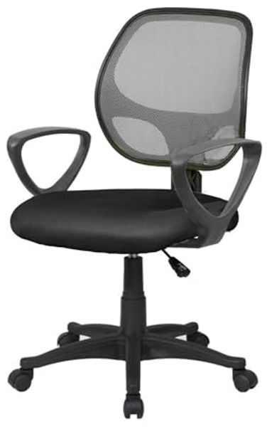 Dmora - Stuhl mit Rädern Geraldton, Mesh-Arbeitsstuhl mit Armlehnen, ergonomischer Bürositz, 56x57h88/100 cm, Schwarz und Grau