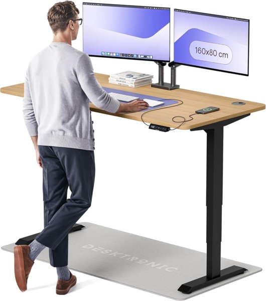 Höhenverstellbarer Schreibtisch - Höhenverstellbar Elektrisch mit Flüsterleisem Dual-Motor & Touchscreen - Hohe Tragfähigkeit - Stehtisch von Desktronic, Schwarz + Eiche, 160x80 cm