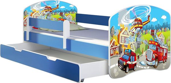 ACMA Kinderbett Jugendbett mit Einer Schublade und Matratze Blau mit Rausfallschutz Lattenrost II 140x70 160x80 180x80 (36 Feuerwehr, 180x80 + Bettkasten)